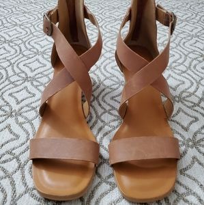 Lucky brand leather demi wedge crisscross sandals